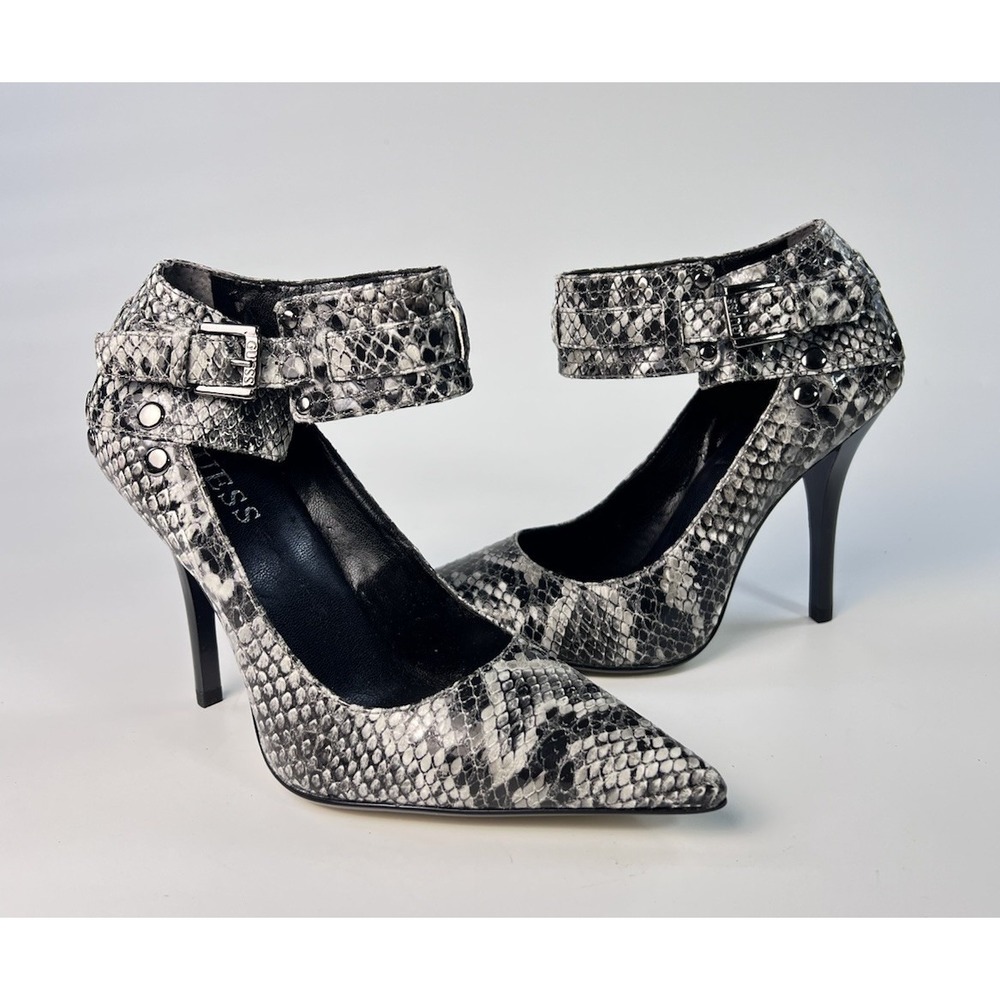 GUESS Snake Print Pointed Toe Stiletto Heels Wide Ankle Strap Buckle Size 5M